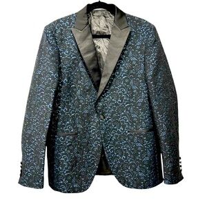 Zara Man Tuxedo Jacket Brocade Metallic Blazer Black Blue Black Tie NEW RARE 44